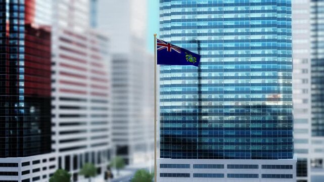 Pitcairn Islands Flag 3D Render Animation Waving in Front of Modern Glass Buildings - Daytime