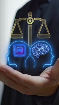Vertical shot showing glowing gold scales of justice over blue human head profiles with AI microchip and digital brain icons. Cyber neon light, artificial intelligence ethics and digital law concept.