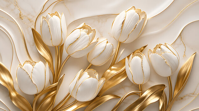 Elegant white tulips with golden leaves on a flowing marble background