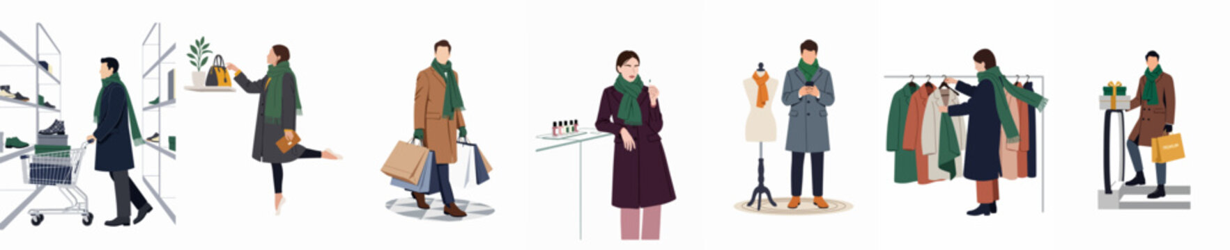 Flat illustration set of people shopping for clothes, shoes, and gifts wearing winter coats and green scarves in a retail environment.