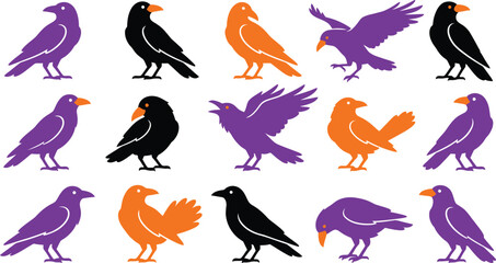 Obraz premium Crow Bird Silhouette Vector Collection Flat Editable Wildlife Illustration Set