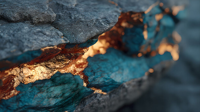 Close up of natural copper veins embedded in bedrock, rich copper metallic luster, realistic geological rock texture, emphasizing advanced energy storage materials and strategic mineral significance
