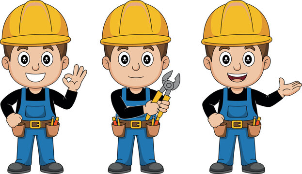 Cute cartoon builder character mascot vector set wearing yellow hard hat and holding pliers isolated on white background