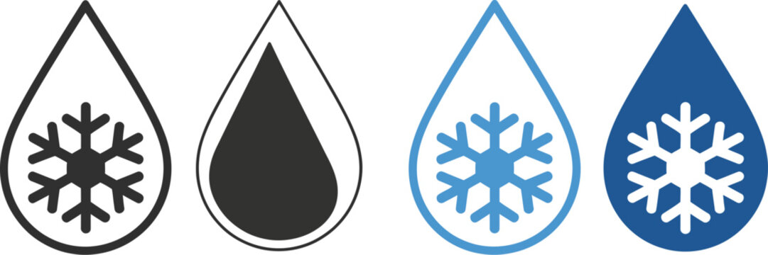 Cooling technology icon set featuring water droplet and snowflake symbols for cold temperature, freshness, refrigeration, and thermal cooling concepts.