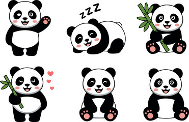 Cute cartoon baby panda bear character vector mascot set waving sleeping and eating green bamboo branch elements © tuzam