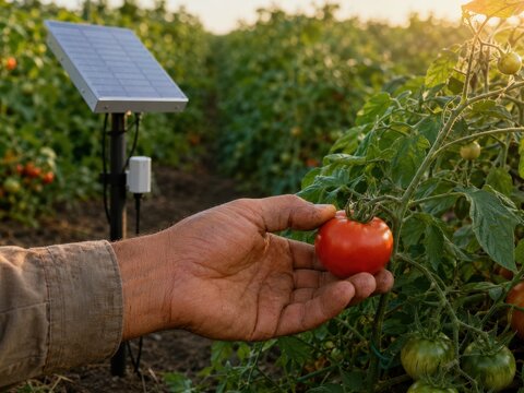 Farmer hand picking a fresh red tomato in a modern smart farm garden