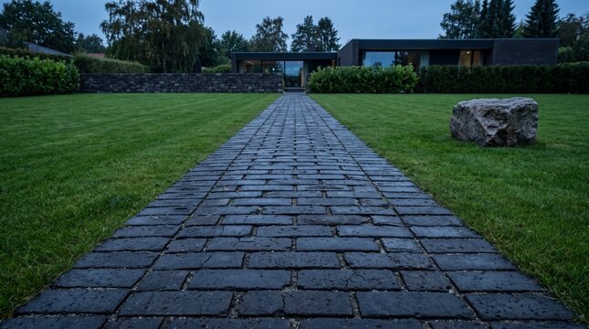 Modern residential architecture featuring a long stone pathway across a lush green lawn, ideal for luxury real estate marketing.