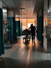 Fototapeta premium Hospital Hallway Scene With Patient Moving Towards Sunset Window View