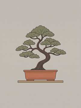 Minimalist vector illustration of a small bonsai tree in pot