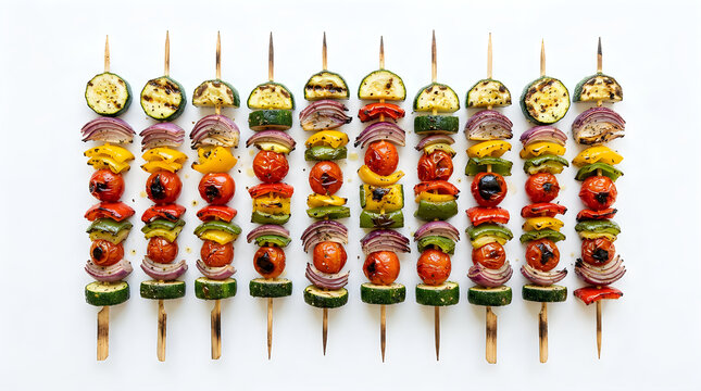Fresh vegetable skewers with assorted grilled colorful food