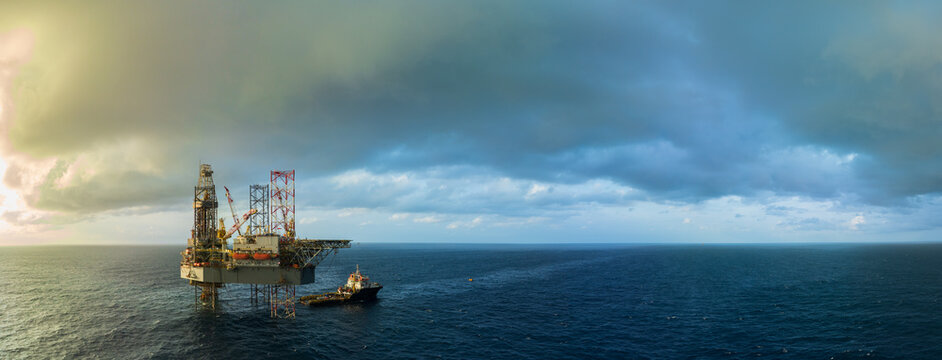 Aerial panoramic view of offshore jack up rig and offshore platform
