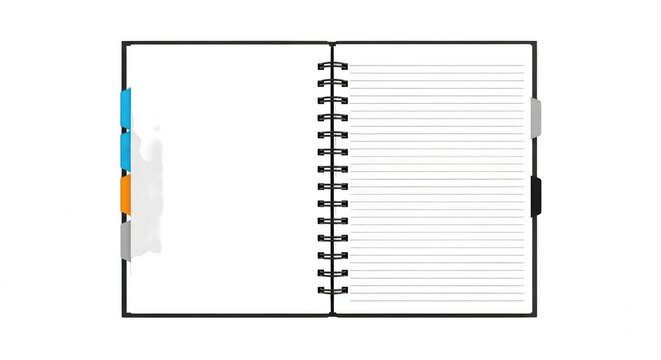 Open spiral notebook with colorful index tabs for notes isolated on transparent background