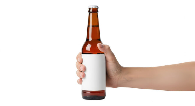 Hand holding a brown beer bottle with a blank label isolated on transparent background