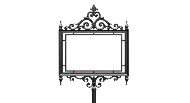 Decorative vintage black metal sign frame with ornate detail isolated on transparent background