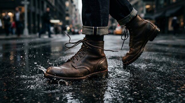 Brown leather boots splashing in city puddle during rain