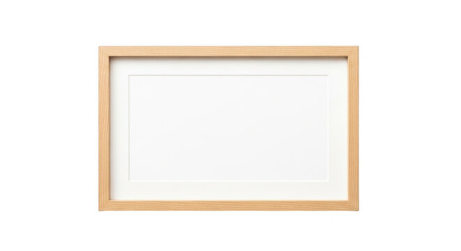 Empty rectangular wooden picture frame on a wall isolated on transparent background