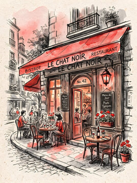 Illustration of Parisian Bistro with Outdoor Seating and Patrons Dining