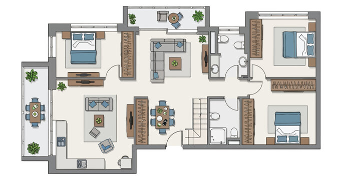 Architectural blueprint displaying a spacious four bedroom residence floor plan with living areas dining spaces kitchen and multiple rooms overhead view presentation of home layout and interior