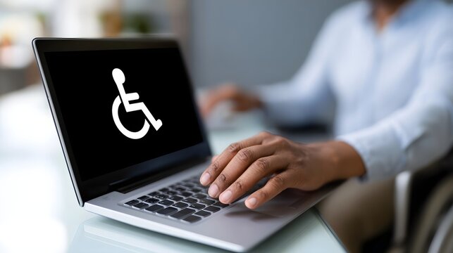 Person using laptop displaying wheelchair accessibility symbol on screen while typing keyboard