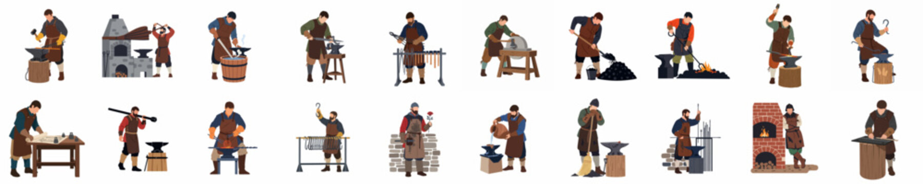 Flat illustration set of medieval blacksmiths performing various metalworking tasks like forging, quenching, and tool making on white background.