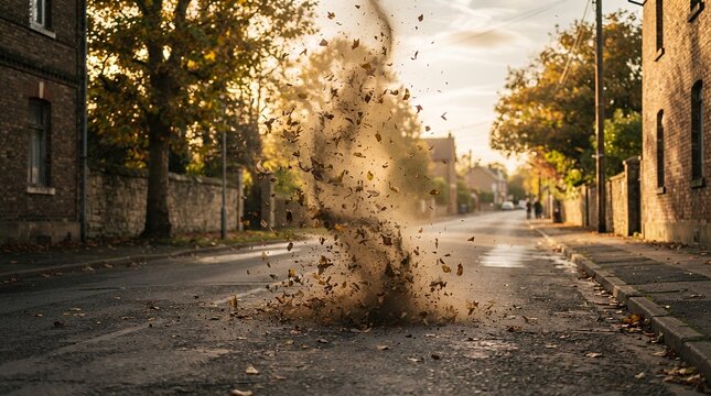 Autumn leaves whirlwind on a quiet residential street