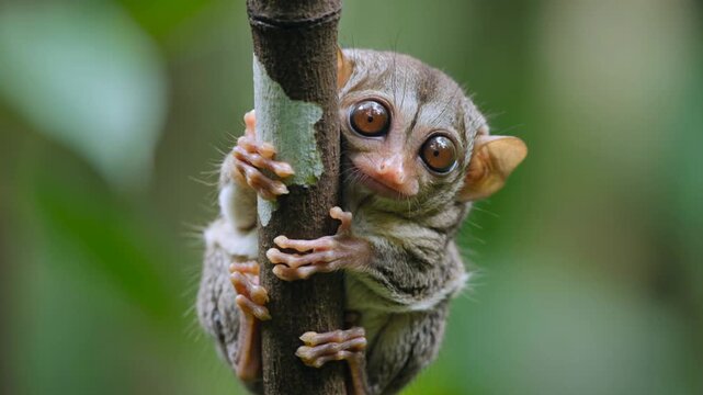 Adorable Baby Monkey Clinging On Branch In Lush Forest.