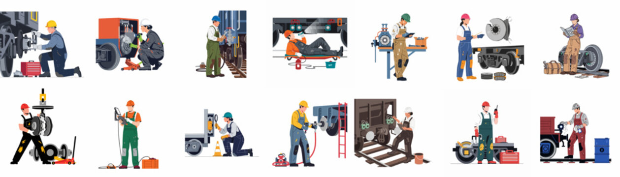 Comprehensive set of railway maintenance workers performing various repairs, inspections, and technical tasks on trains and tracks in an industrial setting.