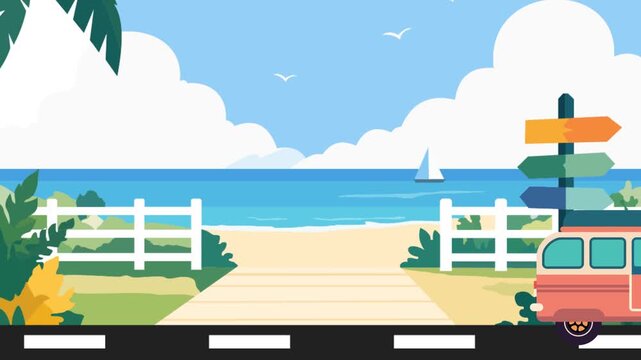 2D animated vintage camper van driving from left to right along a scenic coastal beach road with ocean views, palm trees, and clear blue summer sky.