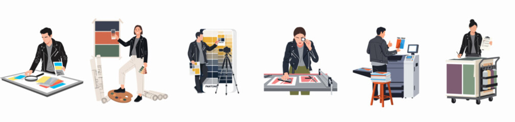 Fototapeta premium Flat vector illustration set showing professional printing process including color matching, proofing, digital printing, and quality control by workers in black jackets.