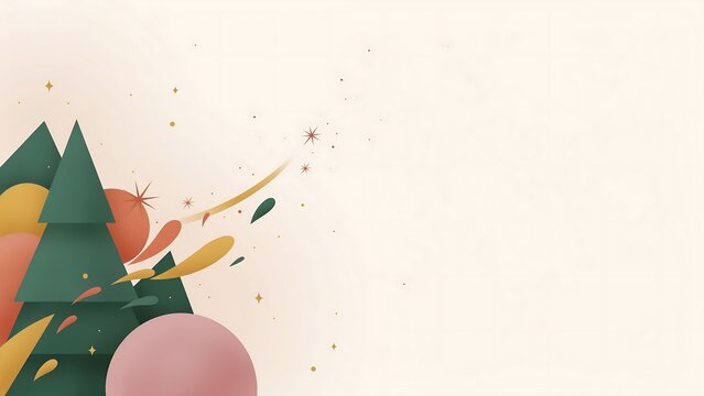 Abstract christmas holiday background, featuring stylized evergreen, trees and floating, colorful ornaments with, decorative sparkles.