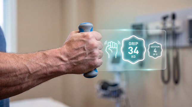 man stands with glowing grip strength interface overlay to monitor hand rehabilitation progress, track dexterity improvement score, measure occupational therapy milestone, and support physical recover