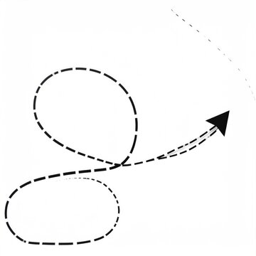 A dashed-line arrow curves upwards, forming loops, suggesting a winding path