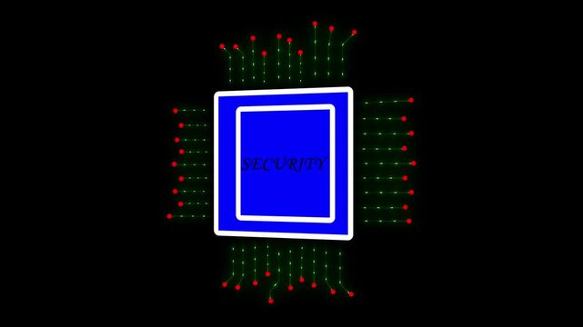 Microchip digital graphic displays the word security in the center surrounded by a symmetrical array of glowing green nodes that represent integrated data pathways within a complex modern electronic.