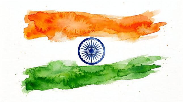 Watercolor india flag with blue wheel isolated on white