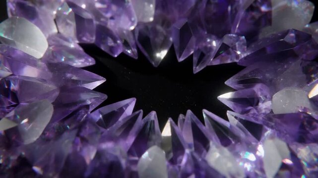 Sharp geometric crystals grow across a dark surface, faceted edges catching light with sparkling refractions under dramatic side lighting in mesmerizing cinematic macro detail.