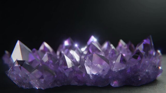 Sharp geometric crystals grow across a dark surface, faceted edges catching light with sparkling refractions under dramatic side lighting in mesmerizing cinematic macro detail.