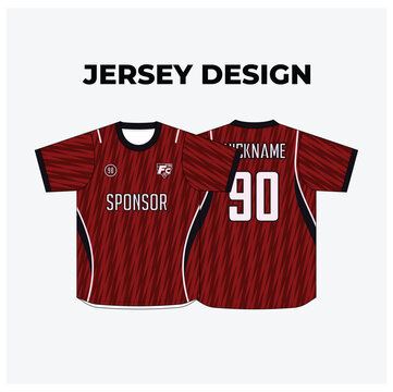 Maroon red and black esports jersey design template with subtle diagonal lines, sponsor, nickname and number mockup front and back view vector illustration