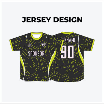 Black and neon green esports jersey design template with abstract futuristic line pattern, sponsor, nickname and number mockup front and back view vector illustration