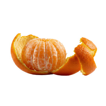 A perfectly peeled orange, juicy and segmented, brightly illuminated, with its vibrant spiral rind showcasing macro texture on a reflective white studio surface. Concept of healthy food and vitamins