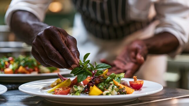 A chef s hand carefully placing fresh green herbs on a colorful plated dish of vegetables and grains