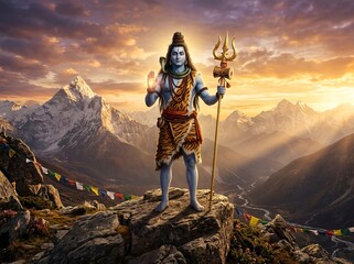 Naklejka premium Lord Shiva stands majestically holding his golden trident while offering a blessing at sunset in the mountains.