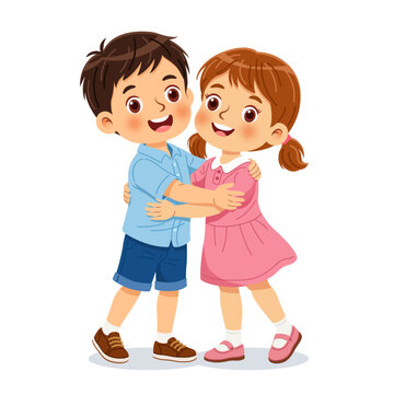 Cute happy little boy and girl hugging each other cartoon kids friendship, love, and childhood joy vector illustration
