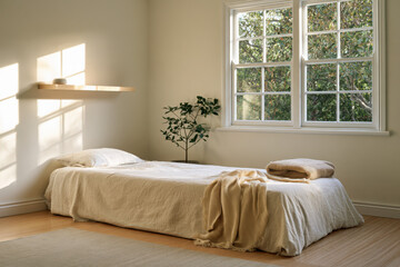 Fototapeta premium Minimal bedroom with natural light, neutral bedding and indoor plant, offering a peaceful, modern interior perfect for relaxation, wellness and home living themes.