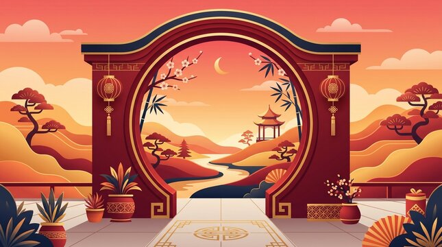 Elegant Chinese oriental moon gate overlooking a scenic sunset landscape with pagoda and lanterns for festive lunar new year decor
