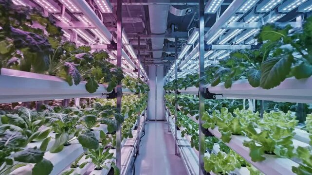 Hydroponic vertical farm with rows of leafy green vegetables growing under colorful LED lighting for sustainable agriculture.
