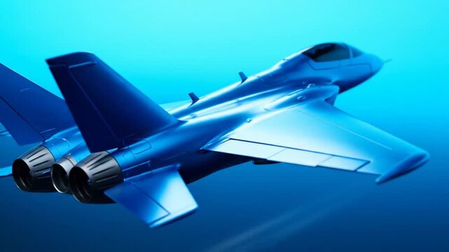 Futuristic Blue Jet Fighter Flying with Powerful Engines Against a Blue Background in Studio