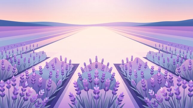 Serene lavender field landscape in minimalist vector style with purple flower rows at sunrise for spa and travel background