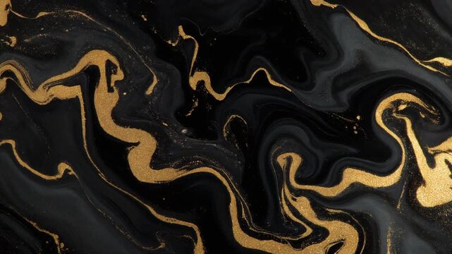 Black and gold ink blooms through clear liquid, forming luxurious marbled veinlike patterns with glossy contrast under dramatic side lighting and cinematic macro fluid motion.