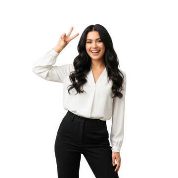 Happy young woman showing peace sign gesture isolated on transparent background
