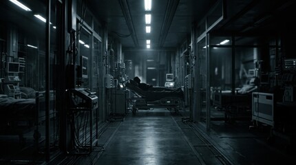 Naklejka premium Futuristic Intensive Care Unit Corridor With Patient And Medical Equipment